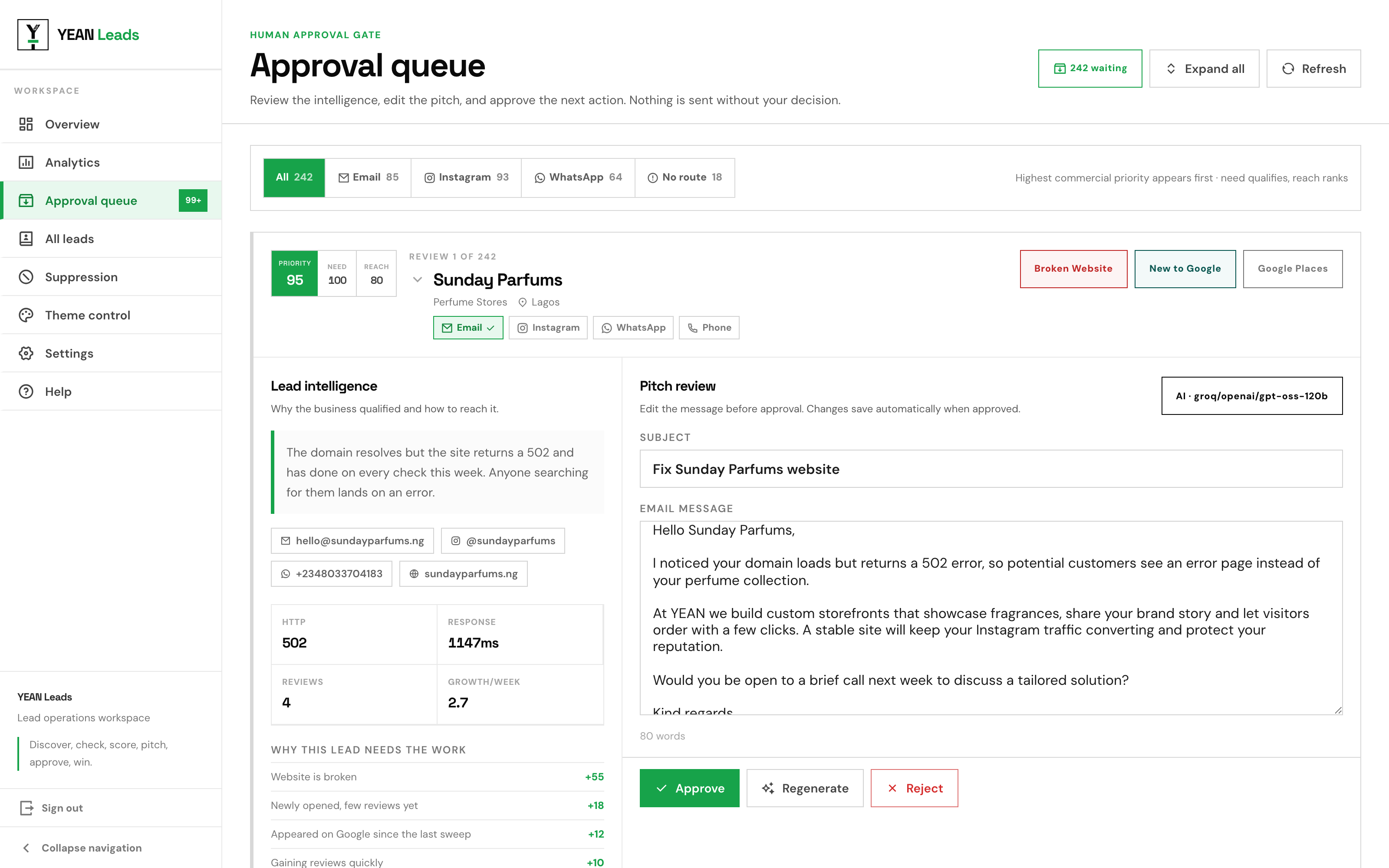 The approval queue, showing a lead's score breakdown next to the drafted message and the approve, regenerate and reject buttons