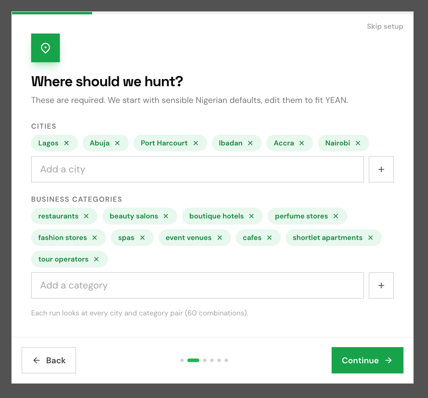 The first-run setup wizard asking for target cities and categories
